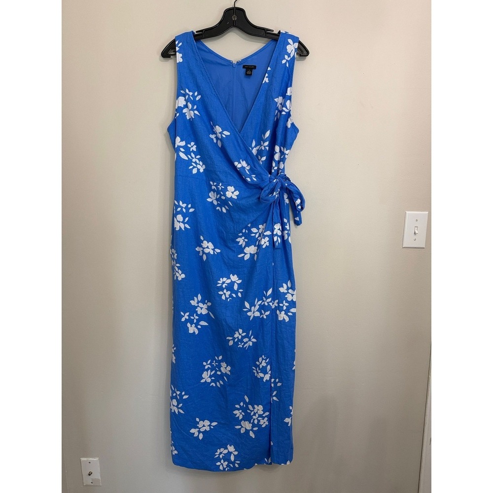 Ann Taylor Maritime Blue White Floral Linen Blend Wrap Maxi Dress Size 12/L - Picture 6 of 11